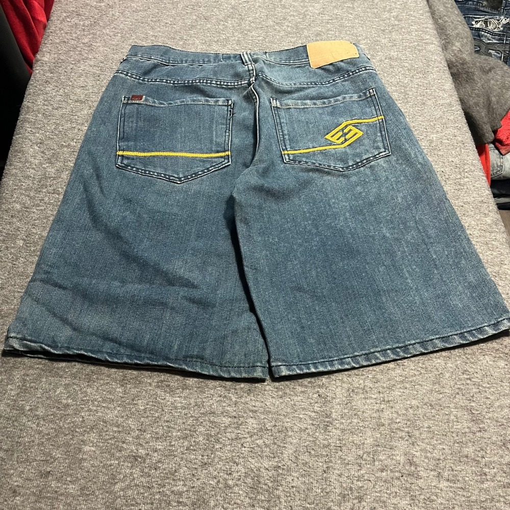 Vintage Enyce Sean Combs Co Baggy Denim Shorts Blue Yellow Embroidered Mens 34